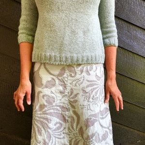 Heathered blue Handknit sweater ( by me). Aline shaped with design front/ back.